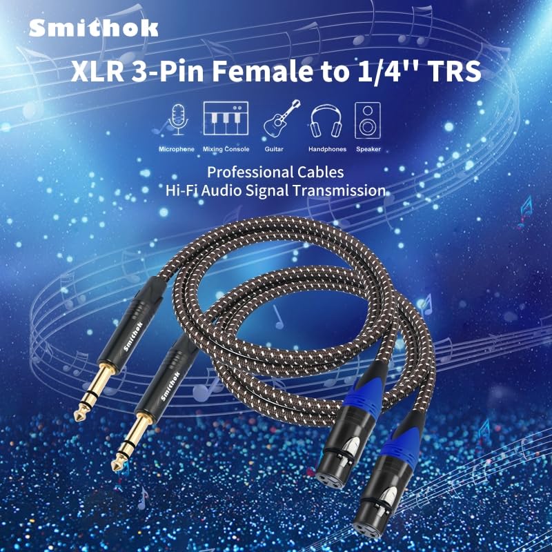 Smithok 2Pack 1/4" to XLR Cable,Heavy Duty Nylon Braided,Gold Plated Plug,Balanced 1/4" TRS (Quarter Inch 6.35mm) to 3pin XLR Female Patch Cable, Microphone Cable, for Speaker,Mixer-6.6ft - Image 2